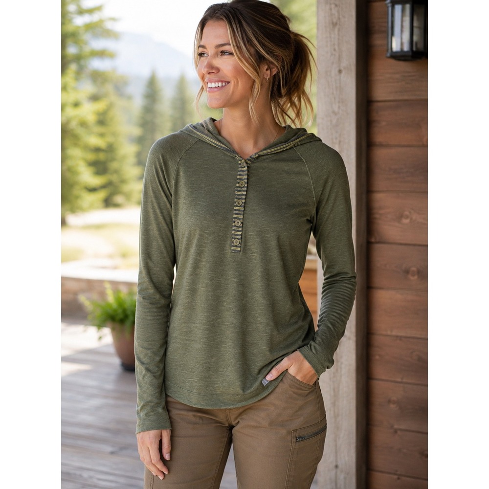 Horny Toad Womens Olive Green Hooded Henley Top Tencel Organic Cotton Medium